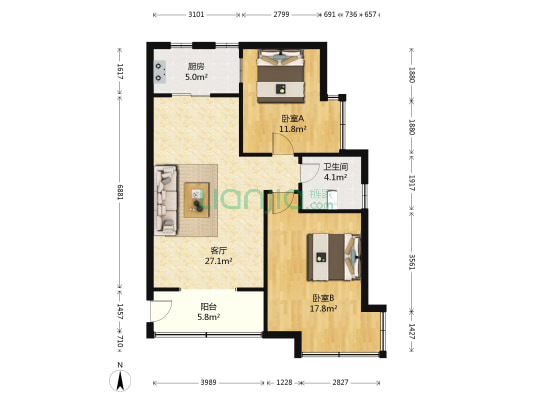 新新人家 2室1厅1卫 91平方