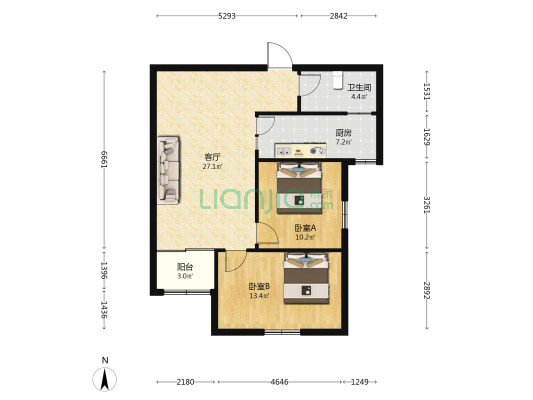 东方经典 2室1厅1卫 91平方