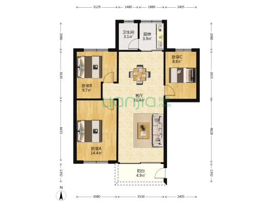 凤华路13号 3室1厅1卫 79平方