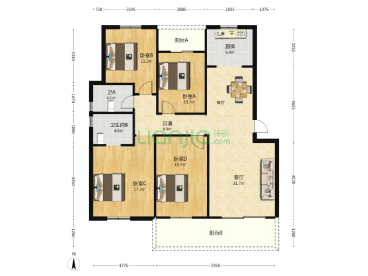 天怡天颐城 4室1厅2卫 144平方