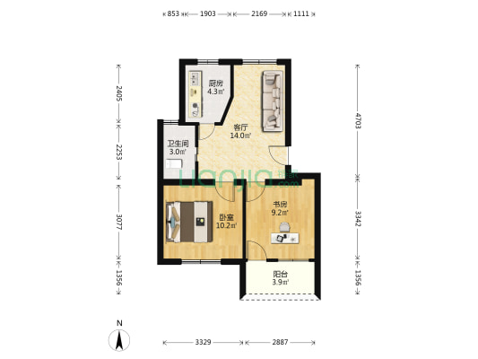 绍兴丝织厂职工宿舍 2室1厅1卫 57平方