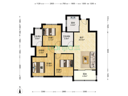 融创城创泽园 3室1厅2卫 109平方