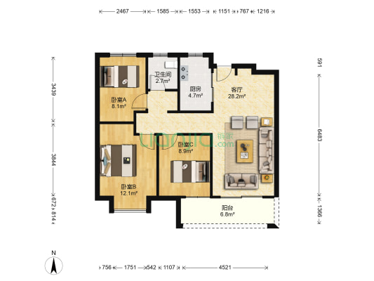 新力金沙湾 3室1厅1卫 96平方