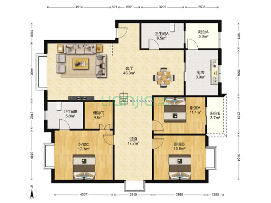 华西美庐 3室1厅2卫 156平方