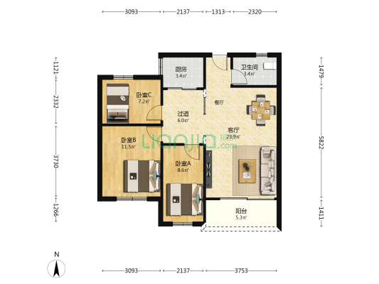 裕兴大厦 3室1厅1卫 89平方