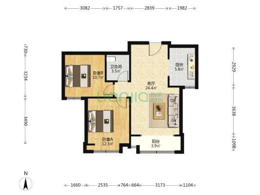 凤栖华府 2室1厅1卫 82平方