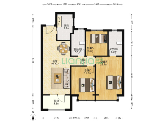 海信东山府 3室1厅2卫 120平方