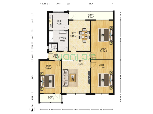 八达小区 3室2厅2卫 132平方