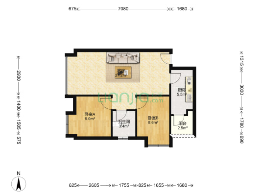 中航国际交流中心 2室1厅1卫 80平方