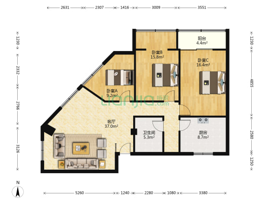 人民银行宿舍 3室1厅1卫 120平方