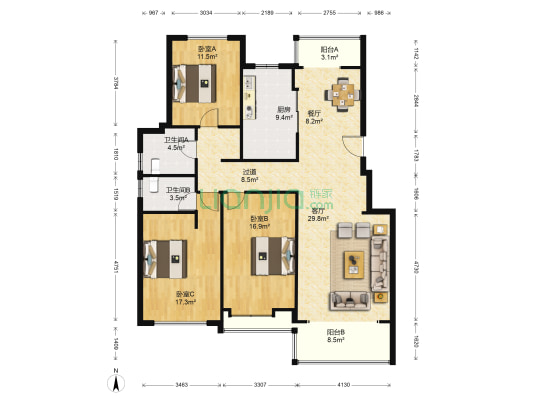 城市嘉苑 3室2厅2卫 140平方