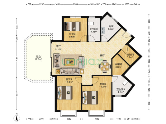 大湖城邦西区 3室1厅2卫 121平方
