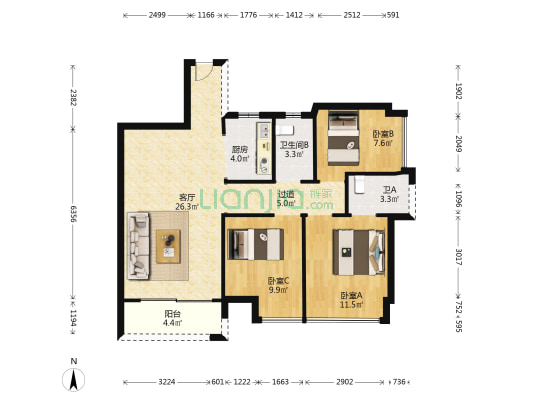 利嘉阁 3室1厅2卫 91平方
