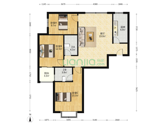 水岸文园 3室1厅2卫 122平方