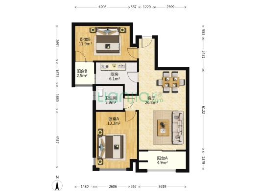 阳光100凤凰社 2室1厅1卫 84平方