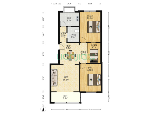 双龙街 3室2厅1卫 101平方