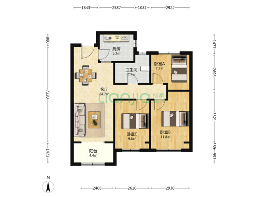 海玥铭邸 3室1厅1卫 90平方
