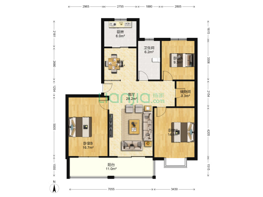 三星花苑 3室2厅1卫 131平方