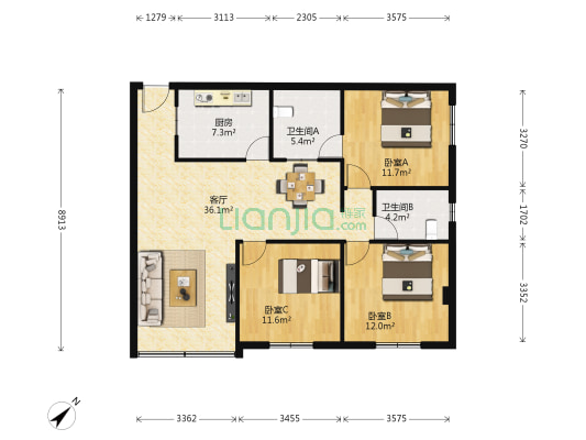 福安大厦 3室1厅2卫 107平方
