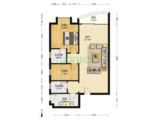 明怡苑 2室1厅2卫 95平方