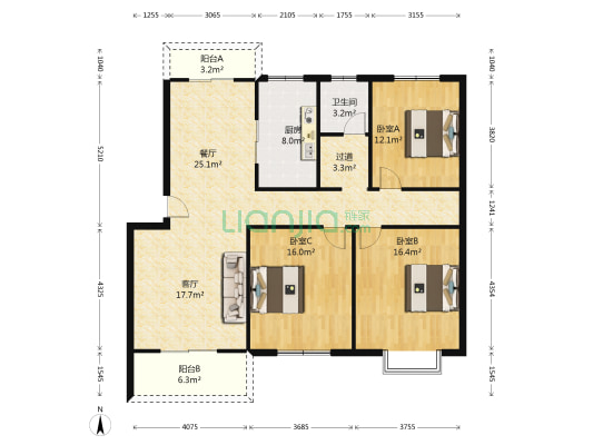 包河花园园林小区 3室2厅1卫 122平方
