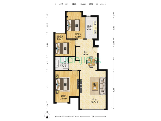 中海苏黎世家 3室2厅1卫 94平方
