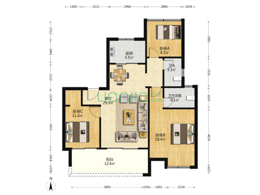 熙悦豪庭3-2-1-2 112.98m² 123万精装三室二厅二卫-户型图