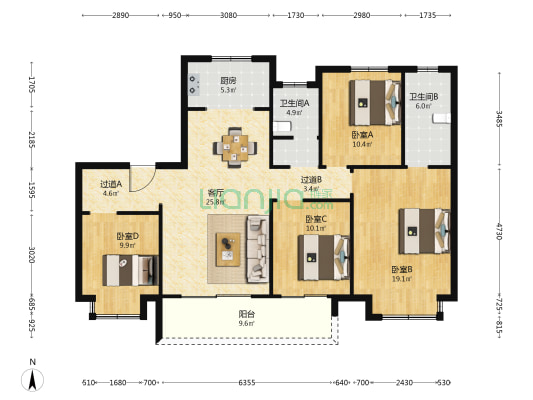 时光悦府A区 4室1厅2卫 140平方