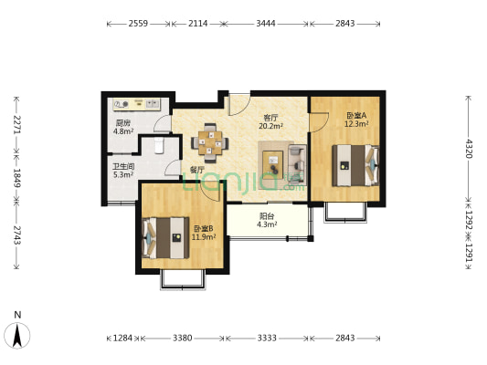 三元公寓 2室1厅1卫 78平方
