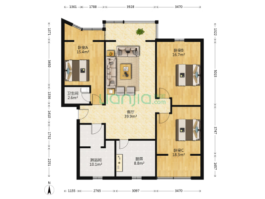 园丁巷3号 3室1厅2卫 136平方
