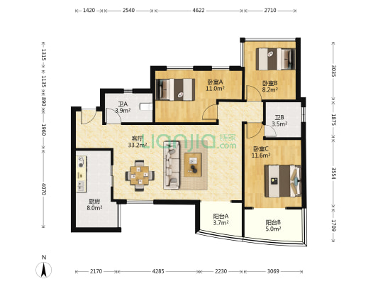 千禧河畔D区 3室1厅2卫 106平方