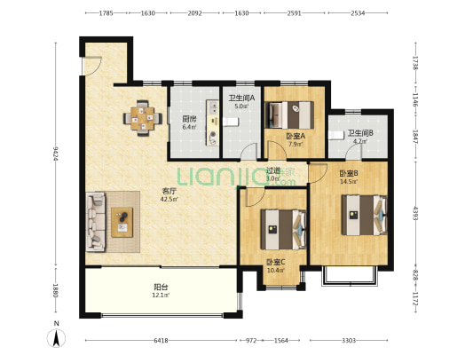 龙湖天璞 3室1厅2卫 140平方