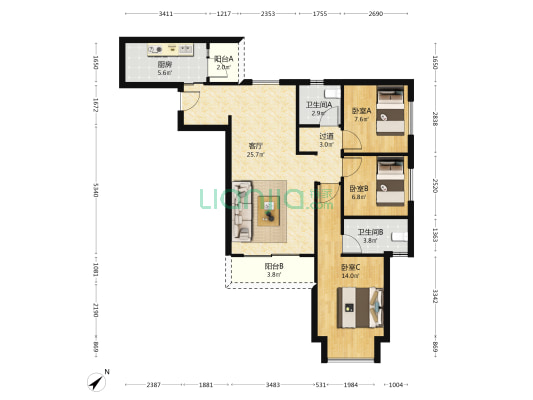 蓝光公园悦湖 3室1厅2卫 100平方