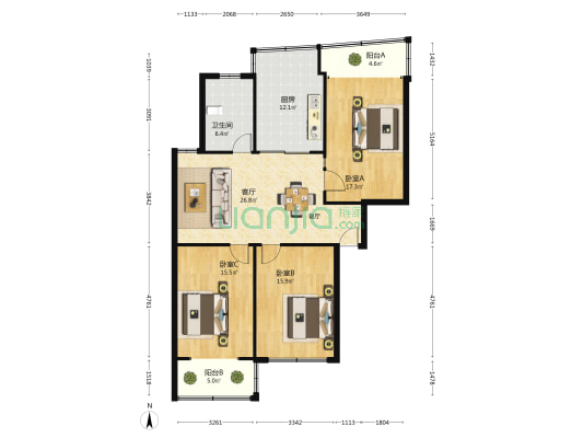 东方丽都小区 3室1厅1卫 116平方