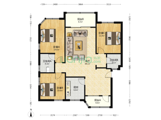 旧宝石花园 3室1厅2卫 116平方