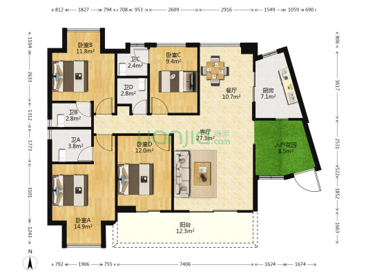世欧王庄B区 4室2厅4卫 161平方