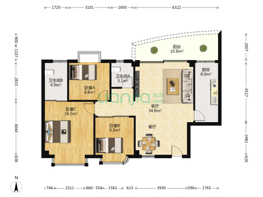 东方威尼斯 3室1厅2卫 122平方