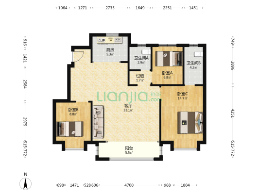 金鼎清晖园 3室1厅2卫 120平方