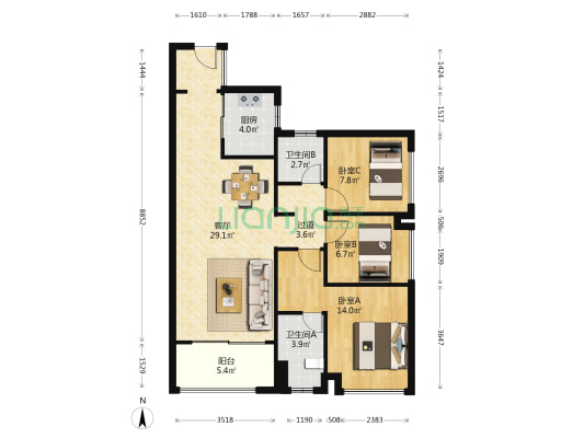 绿地云央 3室1厅2卫 100平方