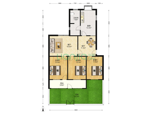 古堆山小区 3室2厅1卫 107平方