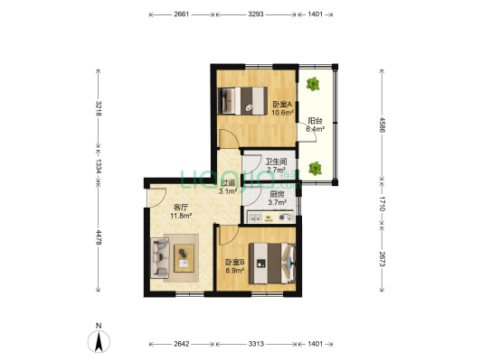 杨箕东小区 2室1厅1卫 55平方