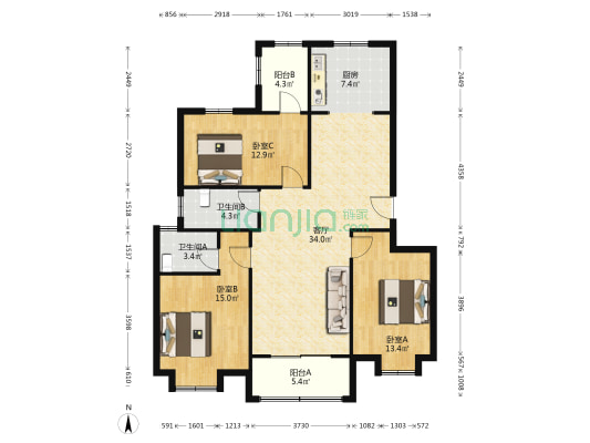 润城华府 3室1厅2卫 127平方