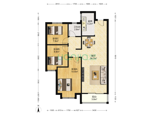 世纪公馆 3室1厅1卫 104平方