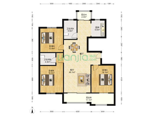 红星嘉苑 3室1厅2卫 142平方