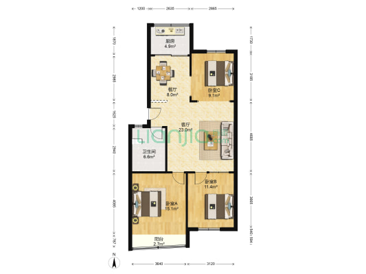 海滨政府新村 3室2厅1卫 100平方