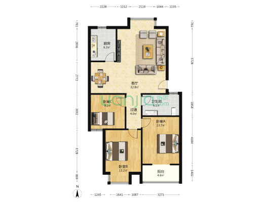 曲湾丽都 3室1厅1卫 109平方