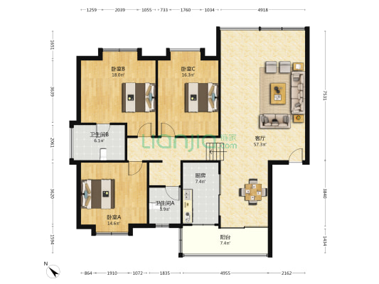 畔江花园 3室1厅2卫 147平方