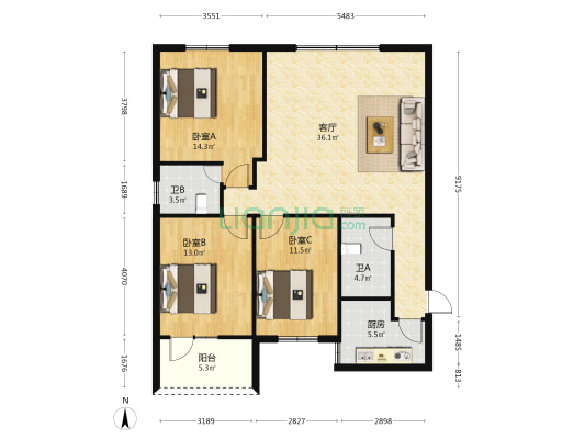 水仙园 3室1厅2卫 110平方