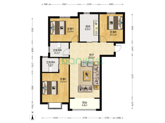 御花园.熙苑 3室1厅2卫 110平方