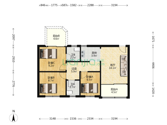 泰兴楼小区 3室1厅2卫 87平方